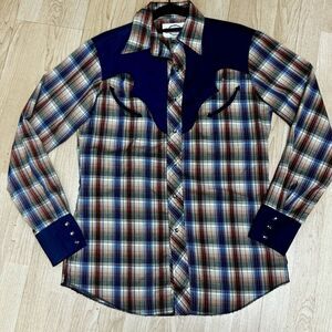 Vintage Denver  Grey Pearl Snap Checkered Blue White Western Shirt Mens L